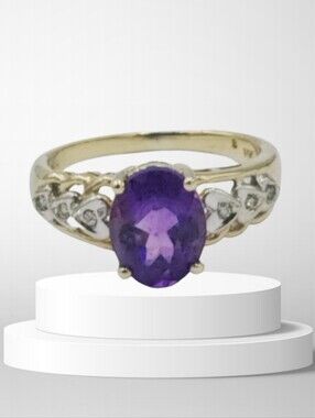 14K Solid Yellow Gold Amethyst & Diamond Heart Accent Ring Size 5.25 (3g)